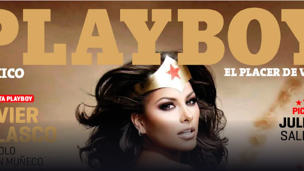 Parte superior de la portada de Playboy México de junio de 2011, con Gaby Ramírez como Mujer Maravilla